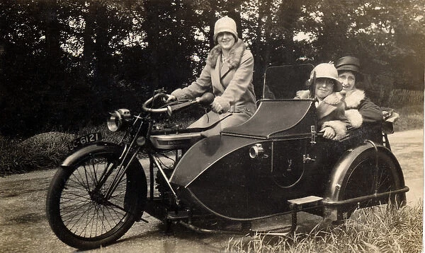 Ladies on a 1914 Douglas motorcycle sidecar For sale as Framed