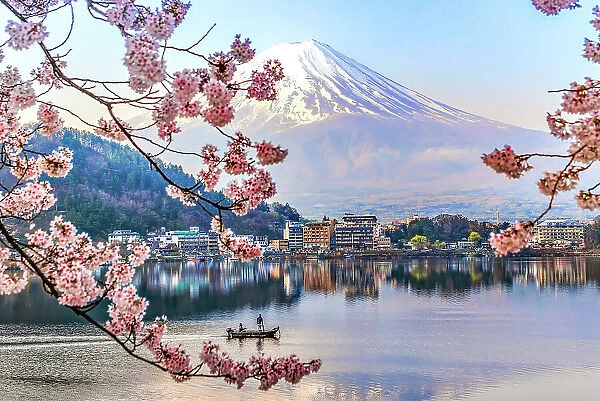 Fishing  Kawaguchiko Lake, with Mt Fuji in the backdrop